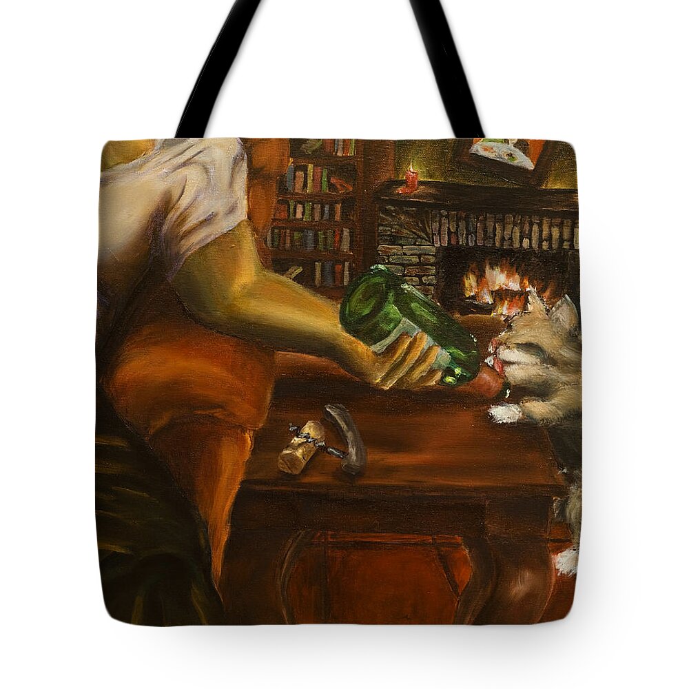Wine Tote Bag featuring the painting The Thirsty Gato by Carlos Flores