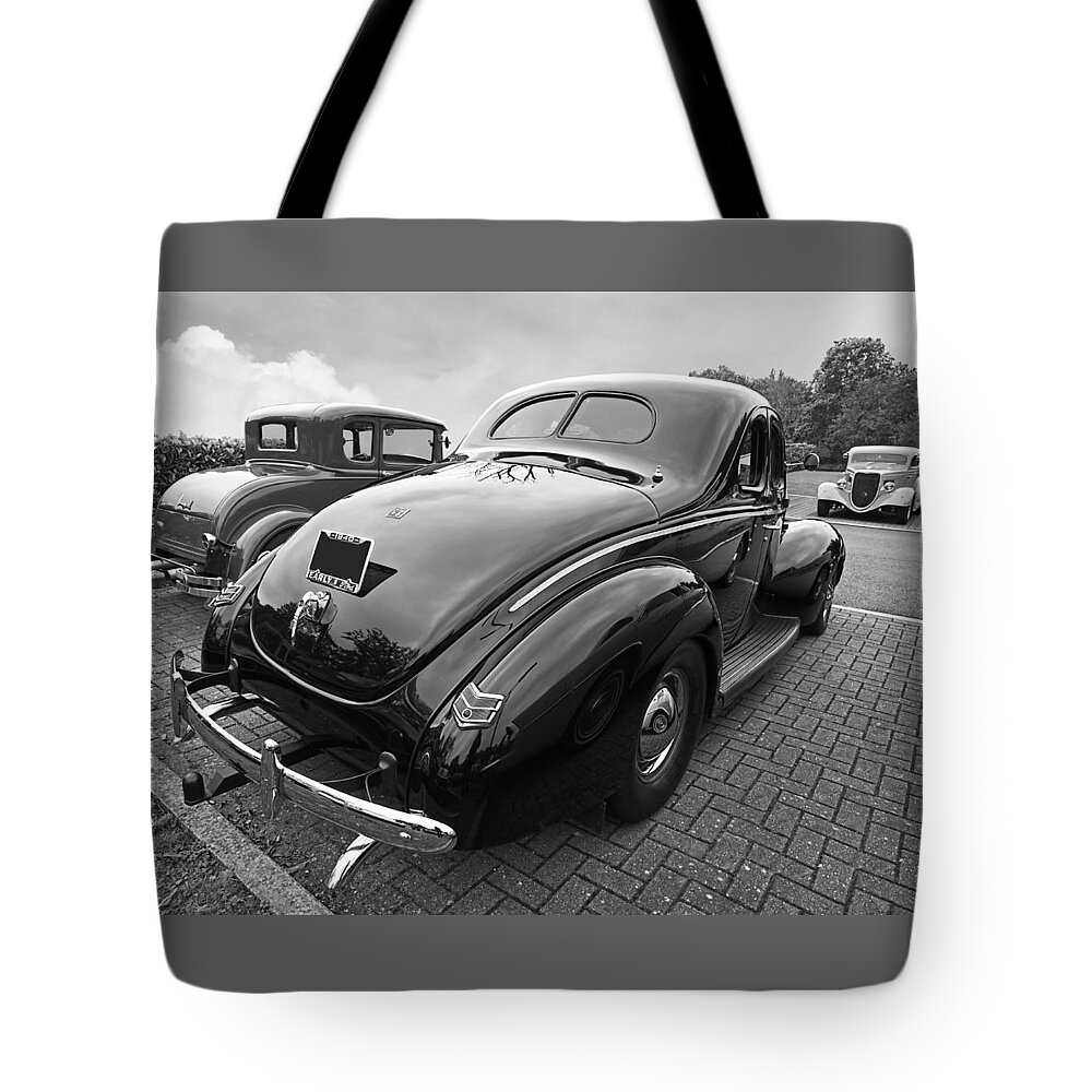 Hotrod Tote Bag featuring the photograph The Three Amigos - Hot Rods in Black and White by Gill Billington