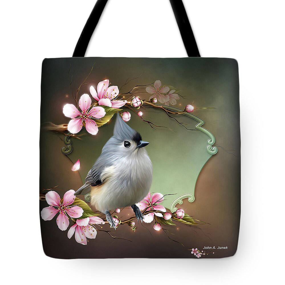 The Titmouse Tote Bag featuring the digital art The Tufted Titmouse a charming bird by John Junek