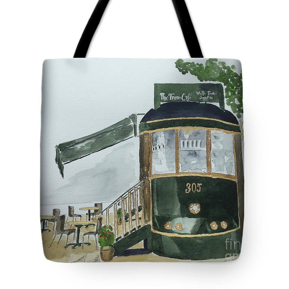 Cafe Tote Bag featuring the painting The Tram Cafe by Eva Ason