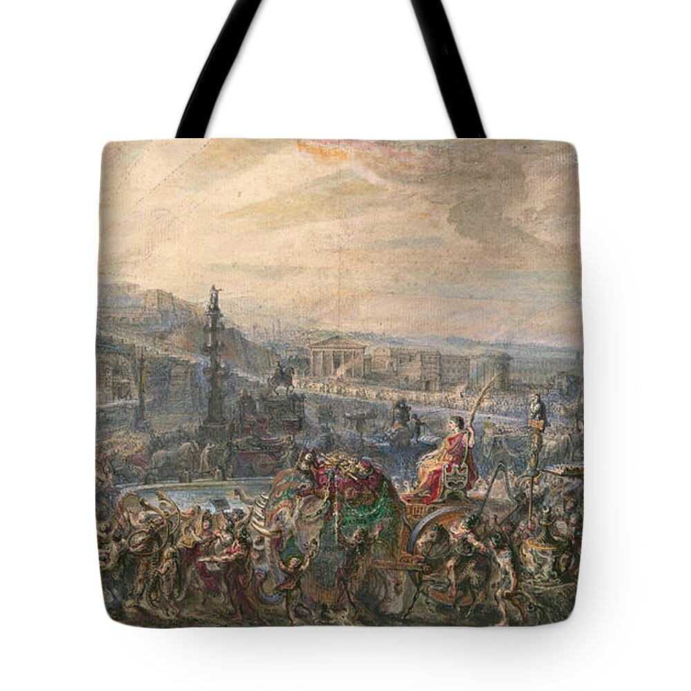 Gabriel De Saint-aubin Tote Bag featuring the drawing The Triumph of Pompey by Gabriel de Saint-Aubin
