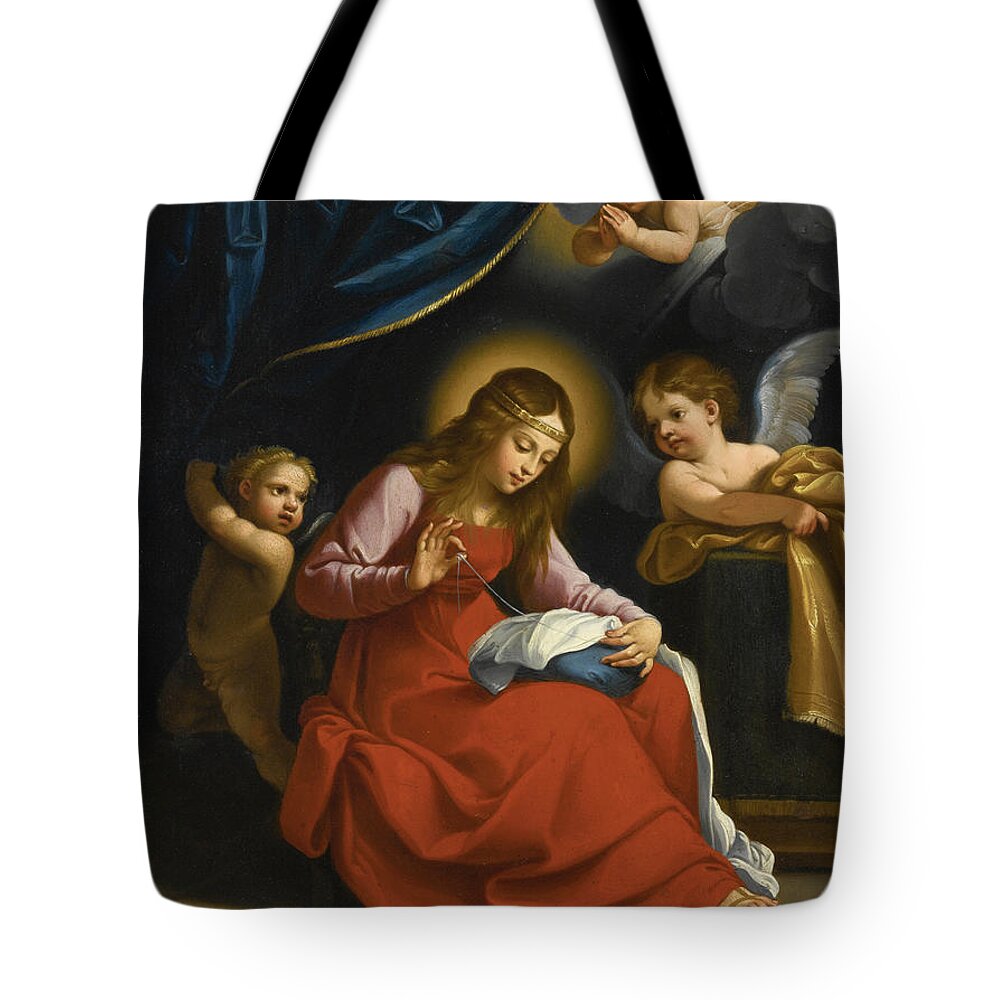 Studio Of Guido Reni Tote Bag featuring the painting The Virgin sewing by Studio of Guido Reni