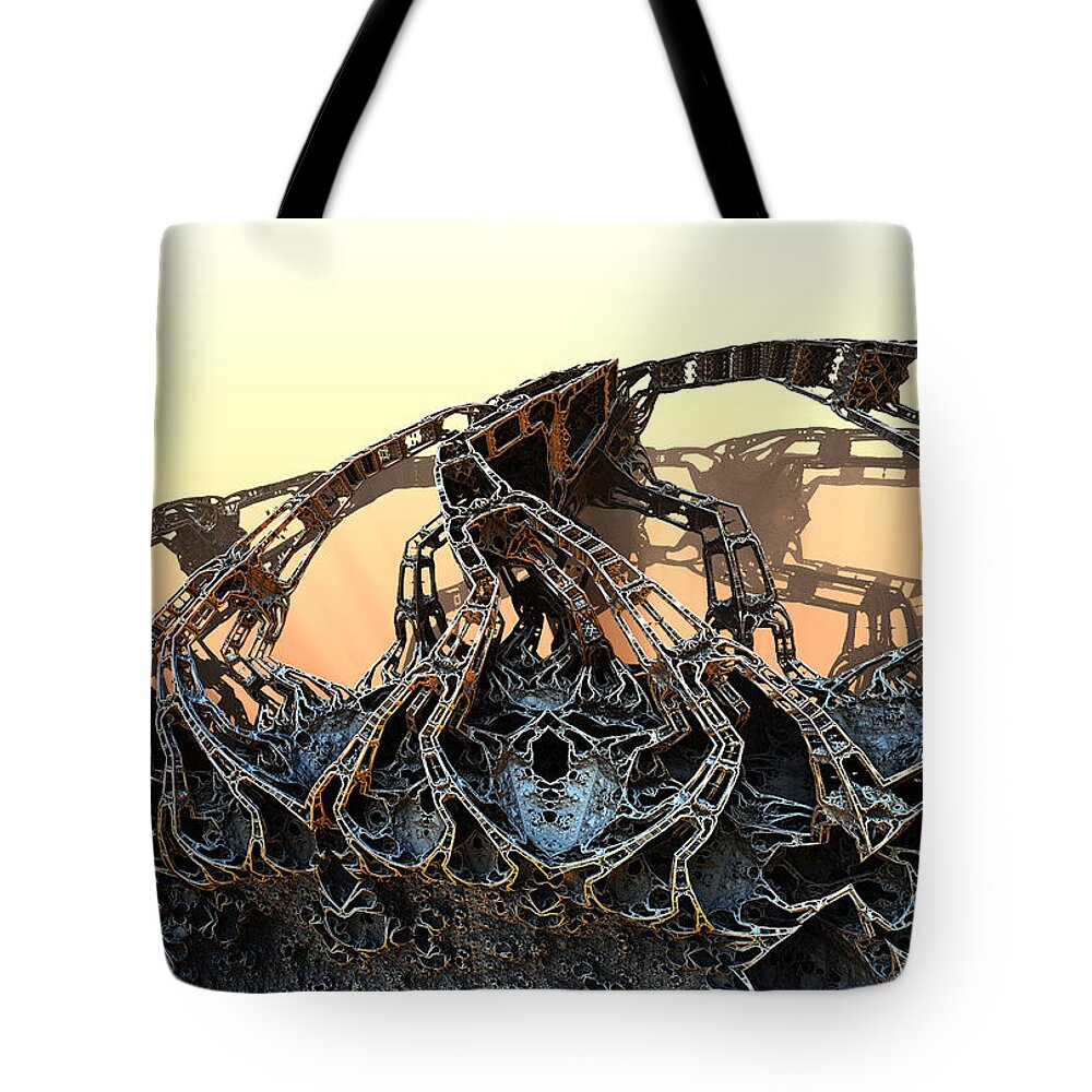 Sciencefiction Scifi Grunge Dystopian Fractal Fractalart Steampunk Mandelbulb3d Mandelbulb Tote Bag featuring the digital art The Walls Came Tumbling Down by Hal Tenny