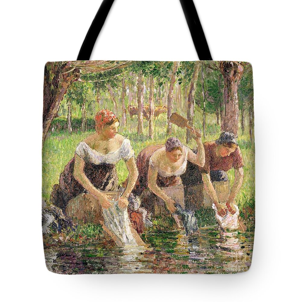 The Tote Bag featuring the painting The Washerwomen by Camille Pissarro