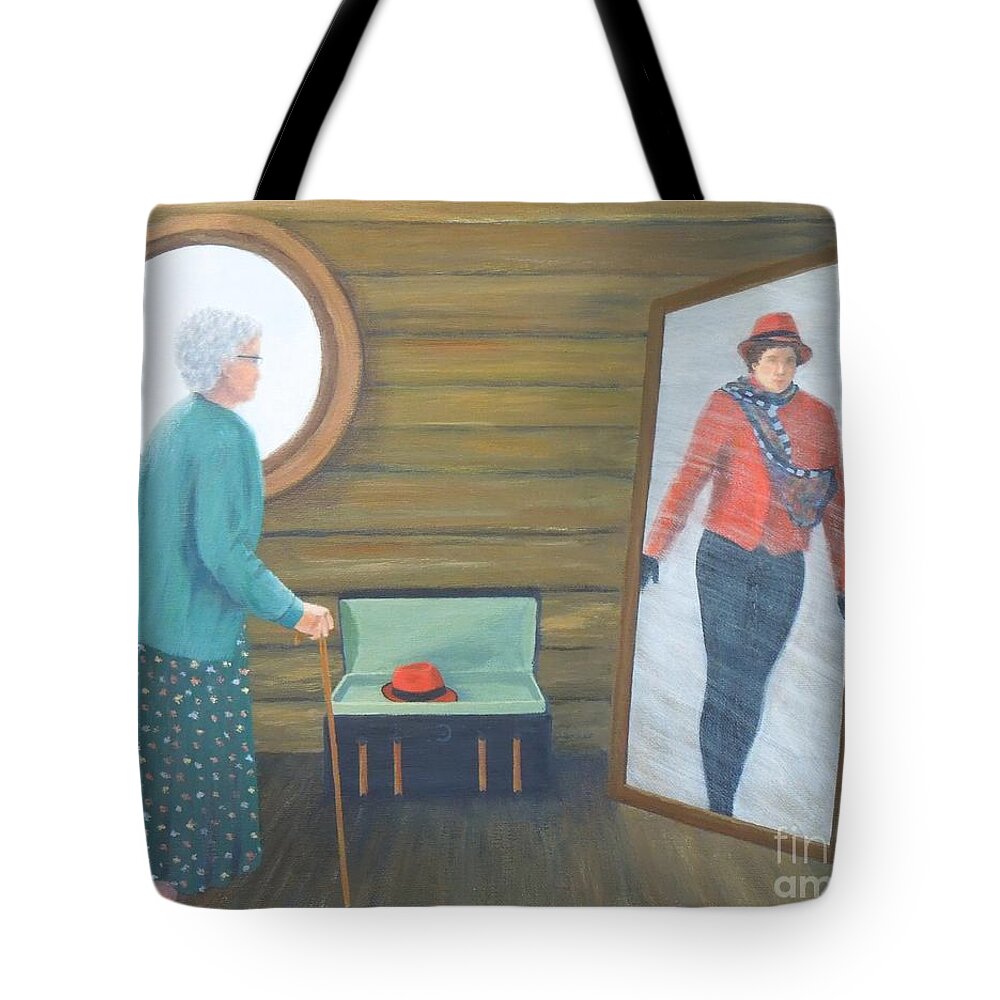 Red Hat Tote Bag featuring the painting The Way We Were by Phyllis Andrews
