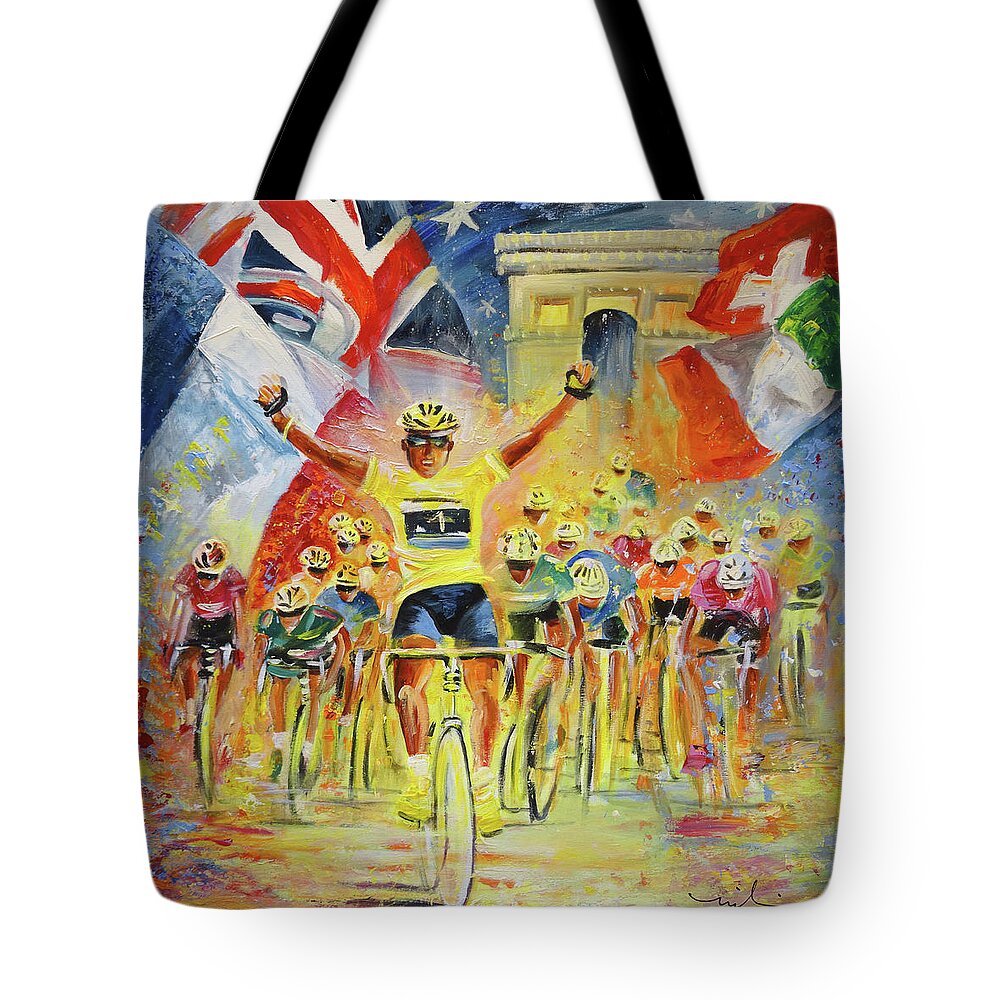 Sports Tote Bag featuring the painting The Winner Of The Tour De France by Miki De Goodaboom