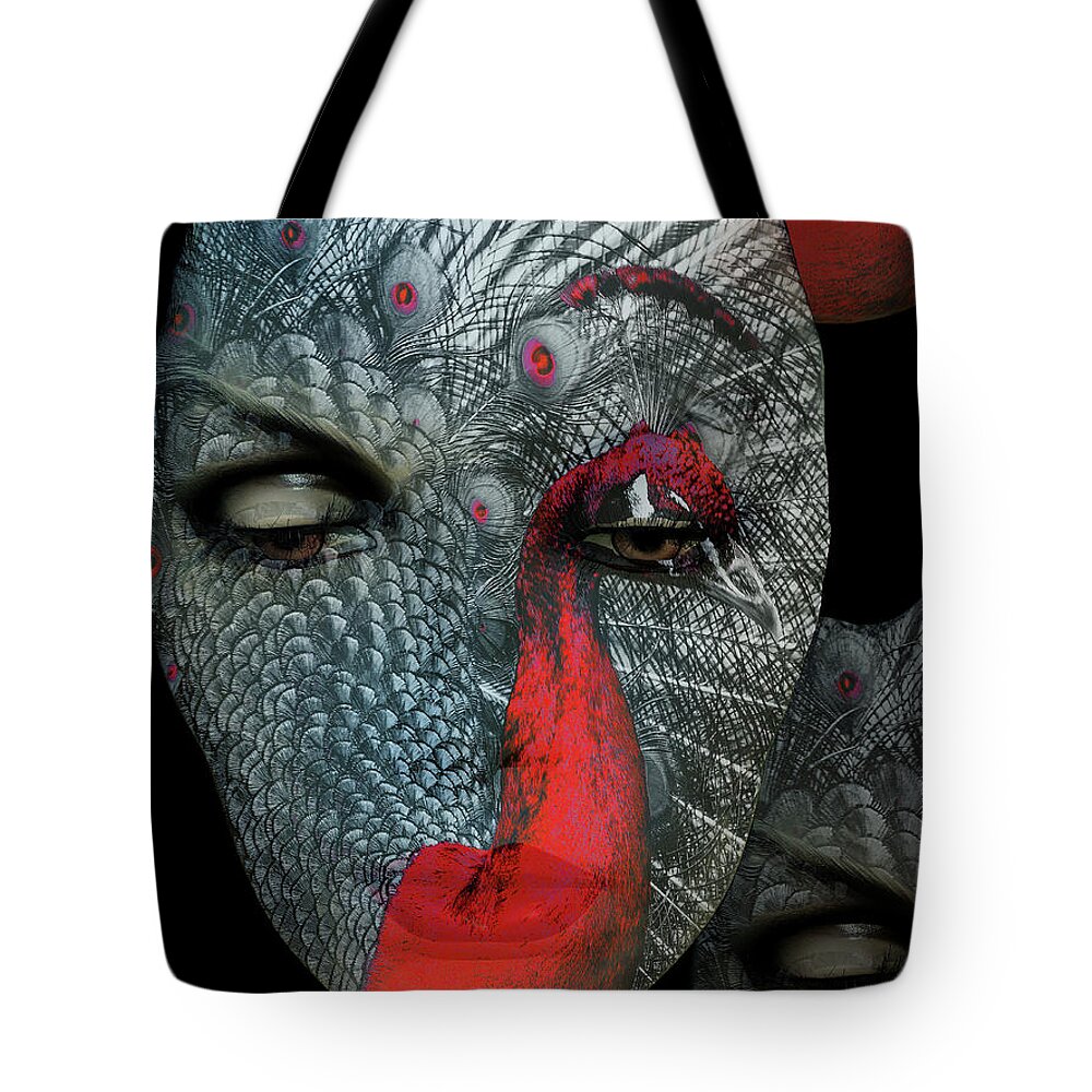 Face Tote Bag featuring the digital art The woman with the red peacock by Gabi Hampe