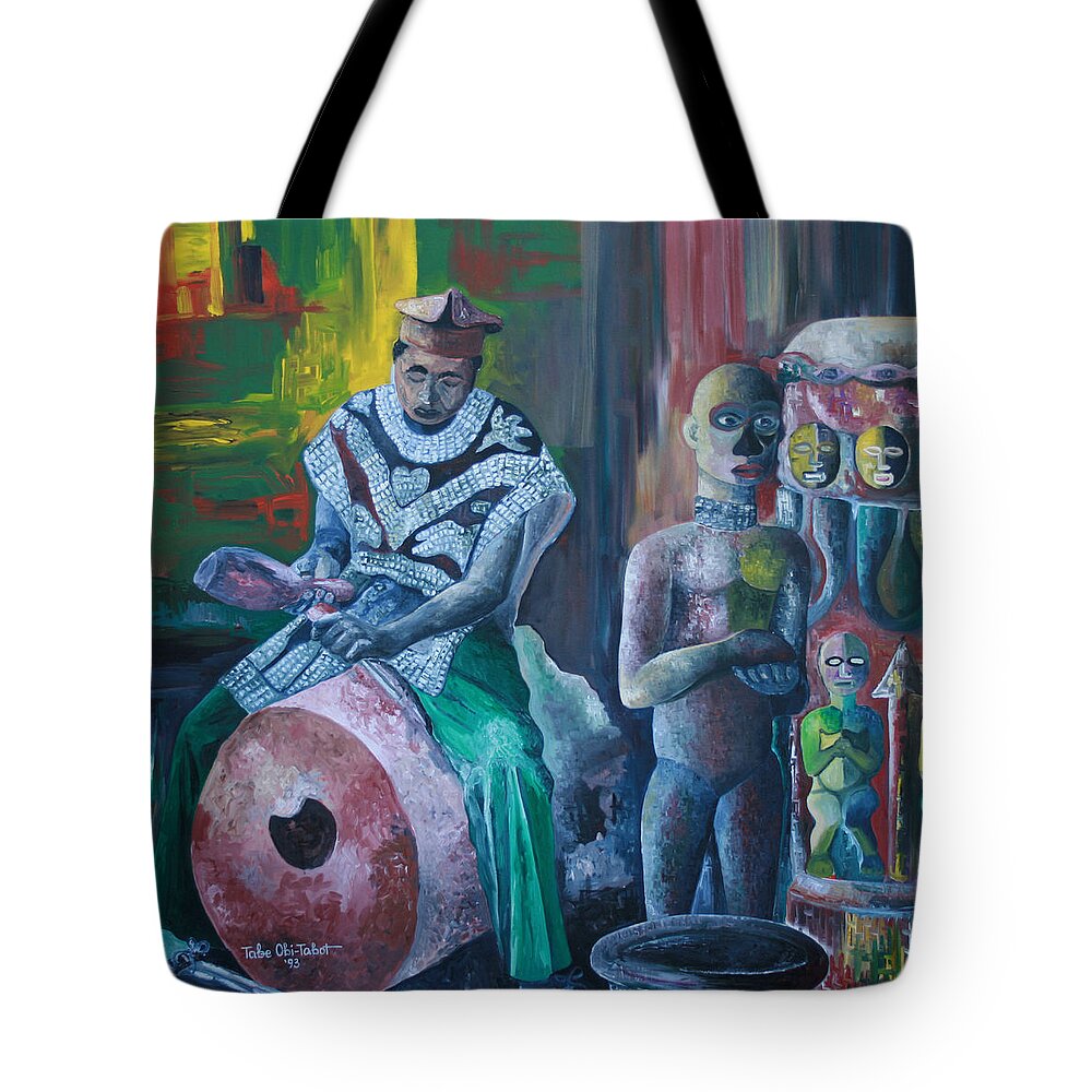 The Woodcarver Tote Bag featuring the painting The Woodcarver by Obi-Tabot Tabe