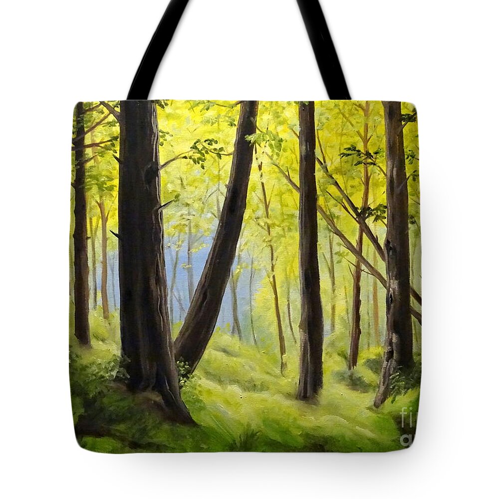 Trees Landscape Colour Light Shadow Bushes Leaves Grass Moss Yellow Green Brown Blue Bright Branches Dark Woods Forest Tote Bag featuring the painting The Woods by Ida Eriksen