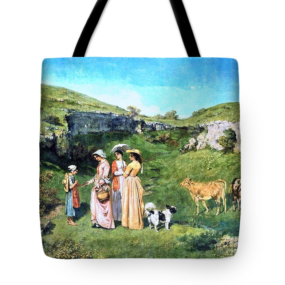 Gustave Courbet - The Young Ladies Of The Village 1851-52 Tote Bag featuring the painting The Young Ladies of the Village by MotionAge Designs