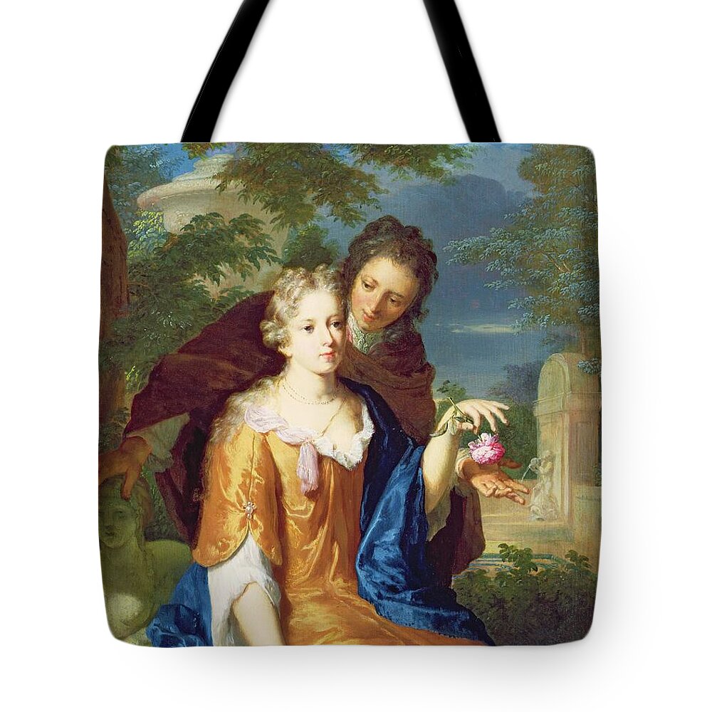 Love Tote Bag featuring the painting The Young Lovers by Gerard Hoet