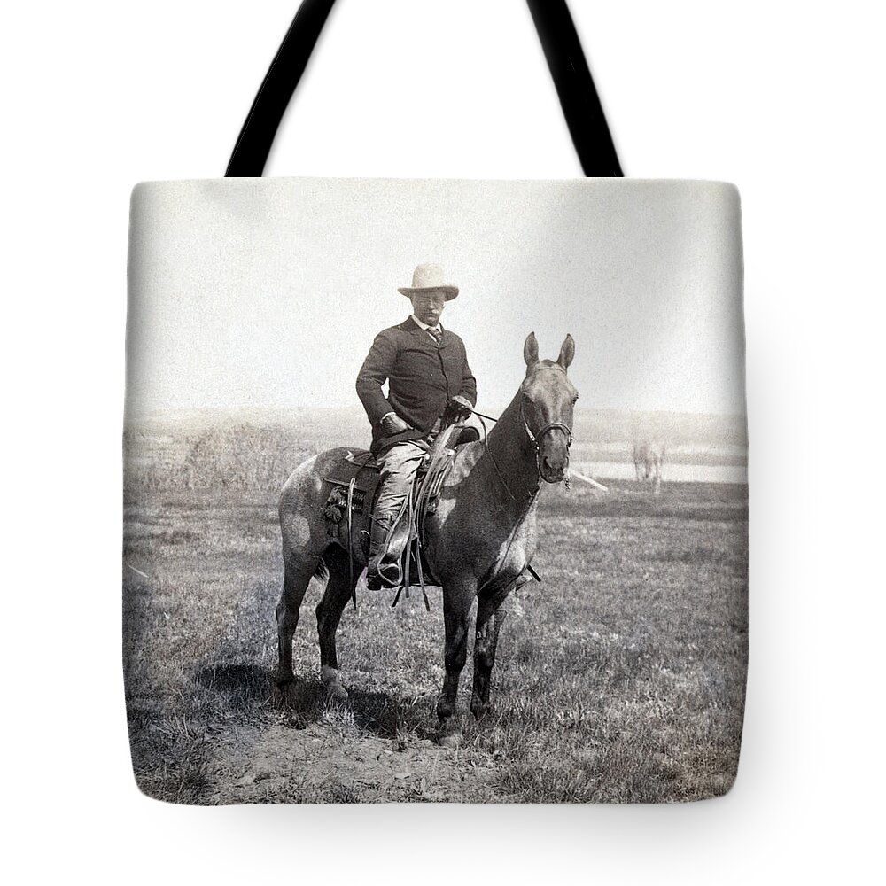 theodore Roosevelt Tote Bag featuring the photograph Theodore Roosevelt horseback - c 1903 by International Images