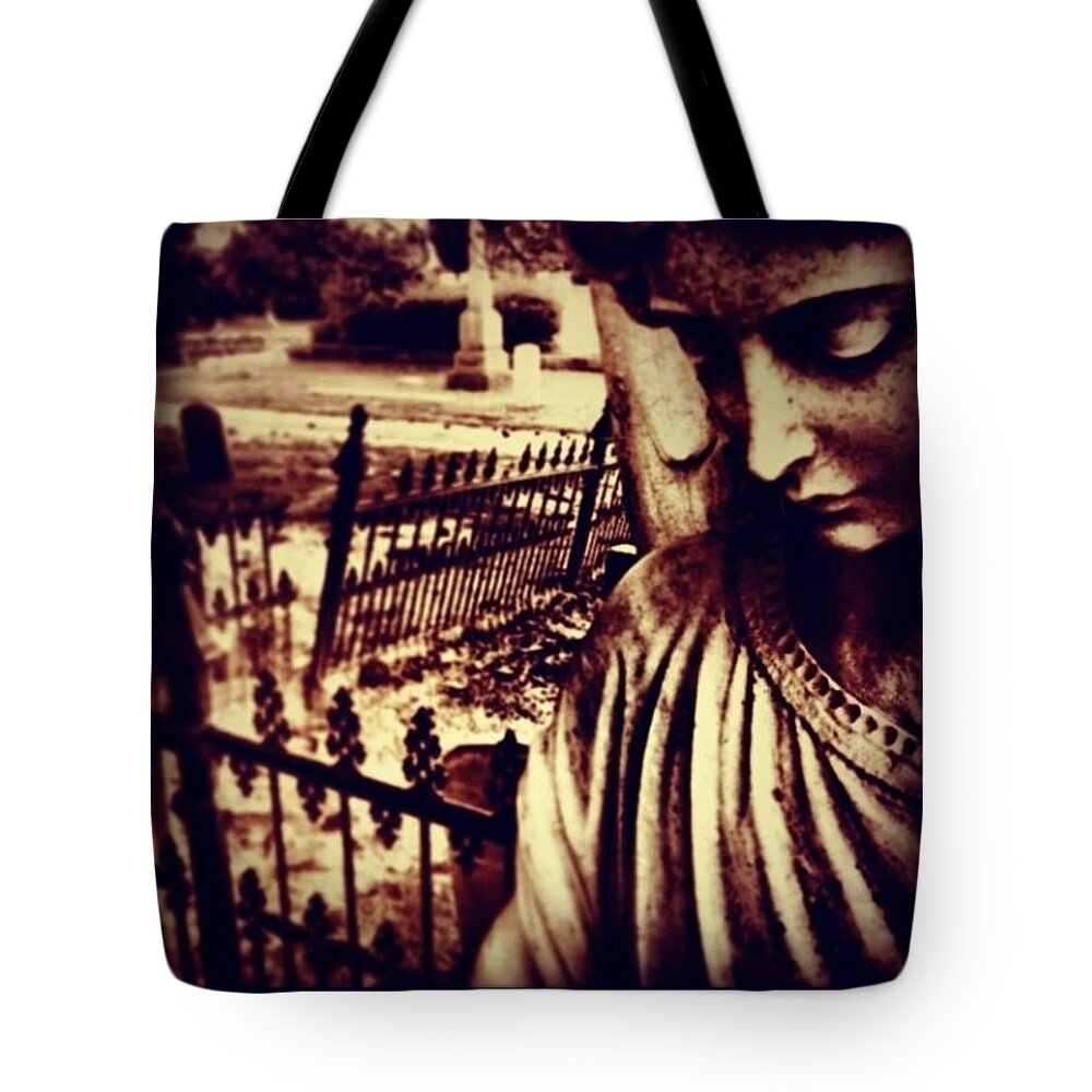  Stone Angel Tote Bag featuring the photograph thoughtful Angel by Aaron Martens