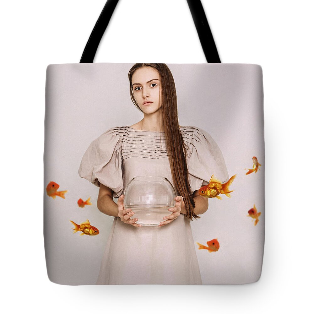 Russian Artists New Wave Tote Bag featuring the photograph Thoughts of Freedom. Series Escape of Golden Fish by Inna Mosina