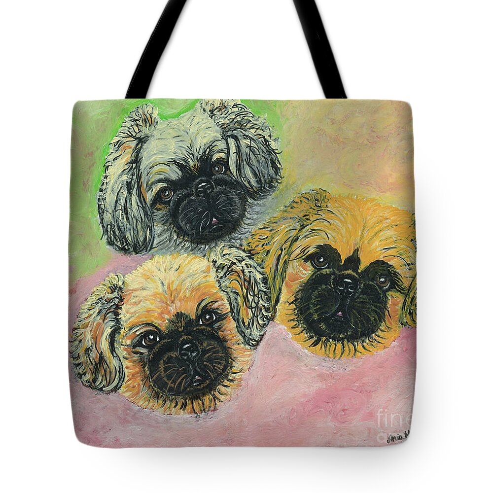 Pekingese Tote Bag featuring the painting Three Amigos by Ania M Milo