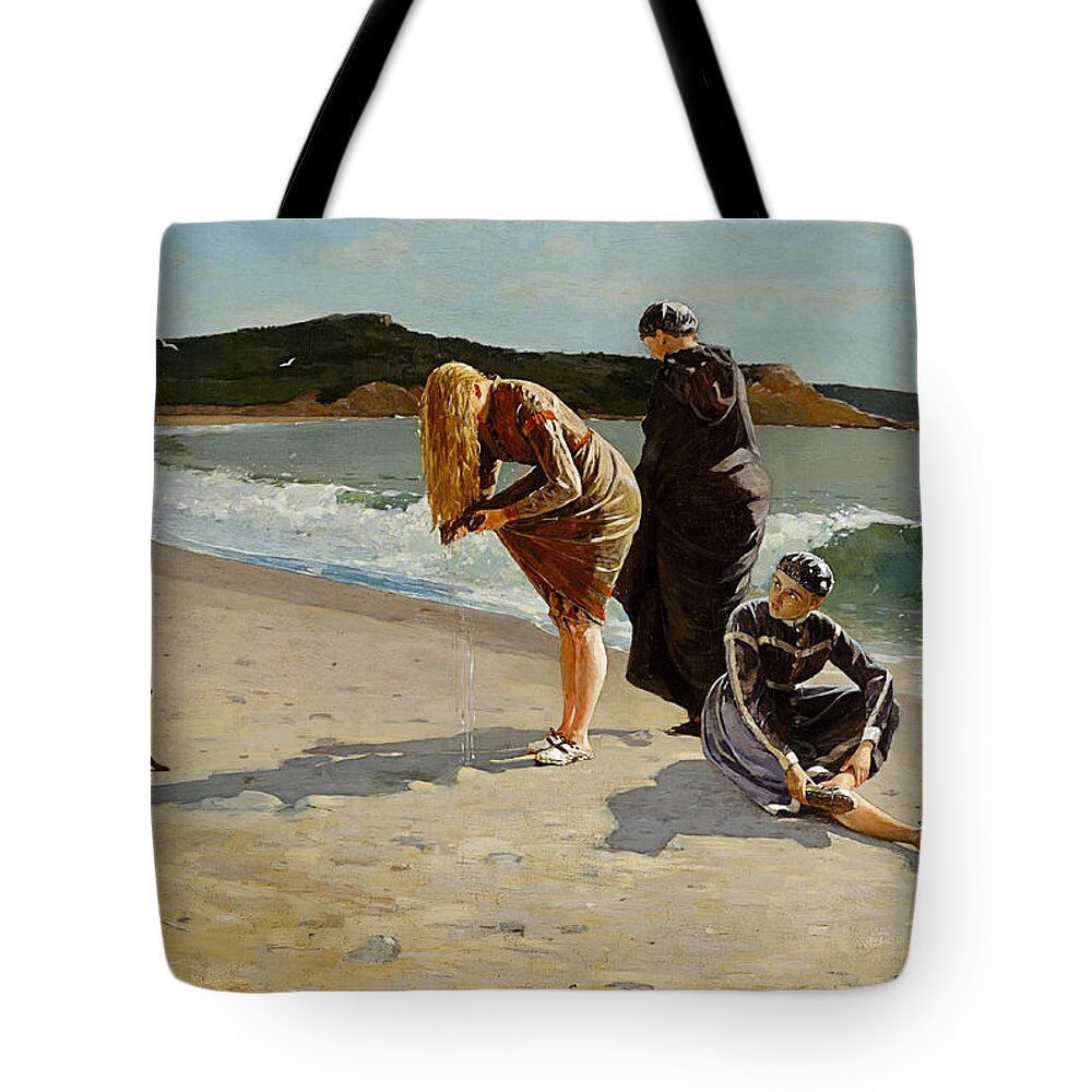 Winslow Homer Tote Bag featuring the digital art Three Bathers by Newwwman