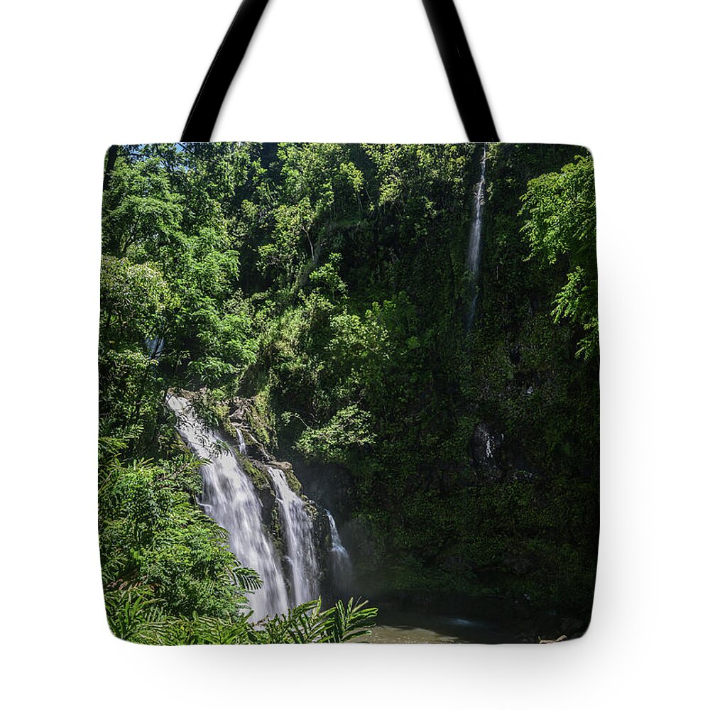  Bear Tote Bag featuring the photograph Three Bear Falls or Upper Waikani Falls on the Road to Hana, Maui, Hawaii by Peter Dang