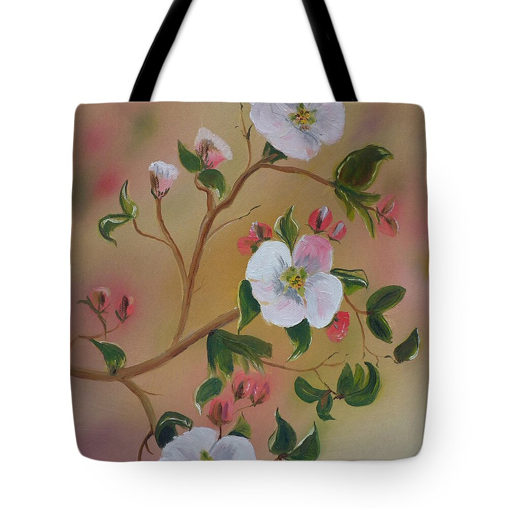 Apple Blossoms Tote Bag featuring the painting Three Blooms - Apple Orchard - Ellijay by Jan Dappen