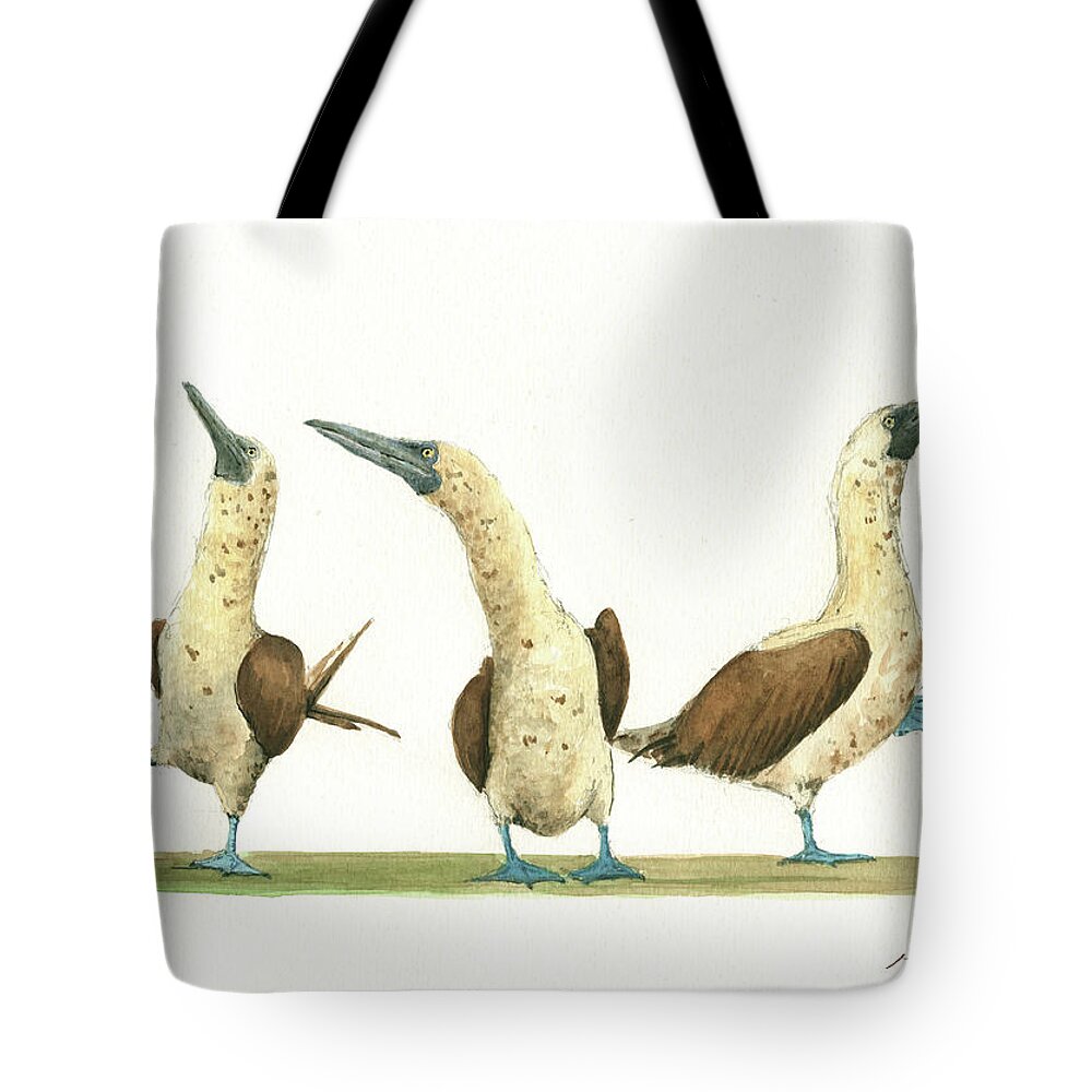 Three Blue Footed Boobies Tote Bag featuring the painting THree blue footed boobies by Juan Bosco