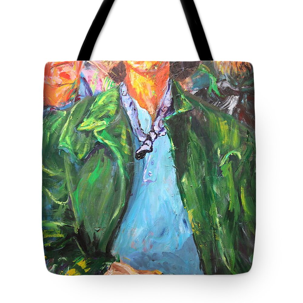 Portraits Tote Bag featuring the painting Three Cowboys and a gun by Madeleine Shulman
