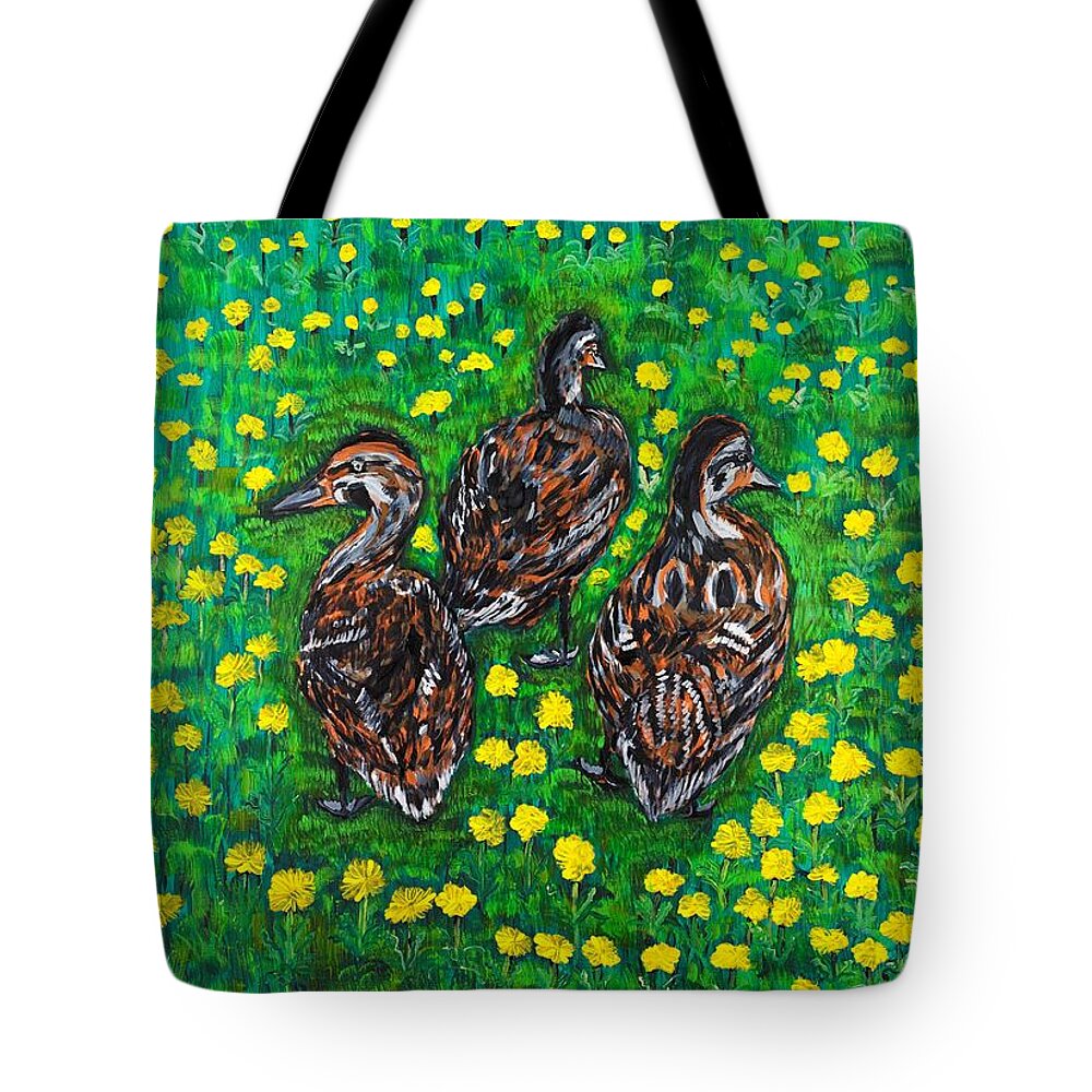 Bird Tote Bag featuring the painting Three Ducklings by Valerie Ornstein