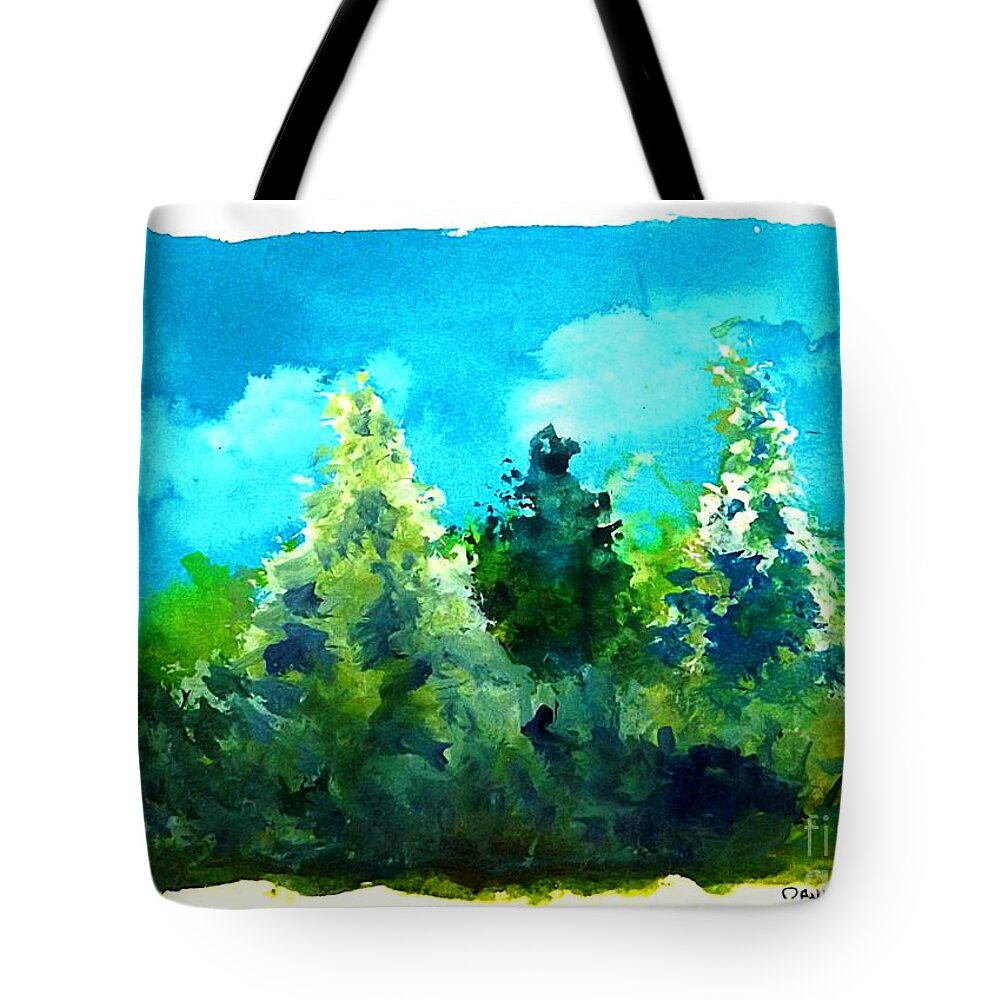 Landscape Tote Bag featuring the painting Three Evergreens by David Neace CPX