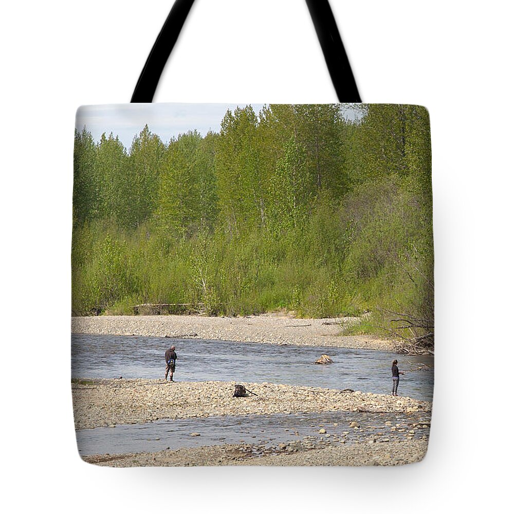 Salmon Tote Bag featuring the photograph Three Friends Fishing for Salmon by Allan Levin
