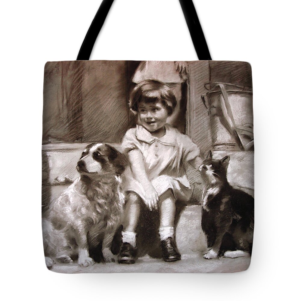Dog Drawing Tote Bag featuring the drawing Three Friends On The Doorstep by Ylli Haruni