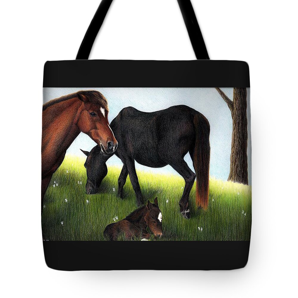Horses Tote Bag featuring the drawing Three Horses by Danielle R T Haney