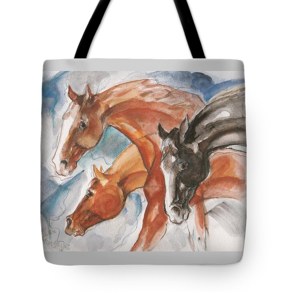 Equine Tote Bag featuring the painting Three horses by Mary Armstrong