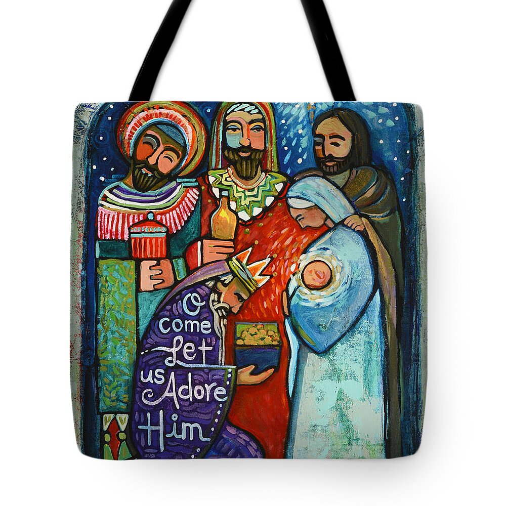 Jen Norton Tote Bag featuring the painting Three Kings O Come Let us Adore Him by Jen Norton