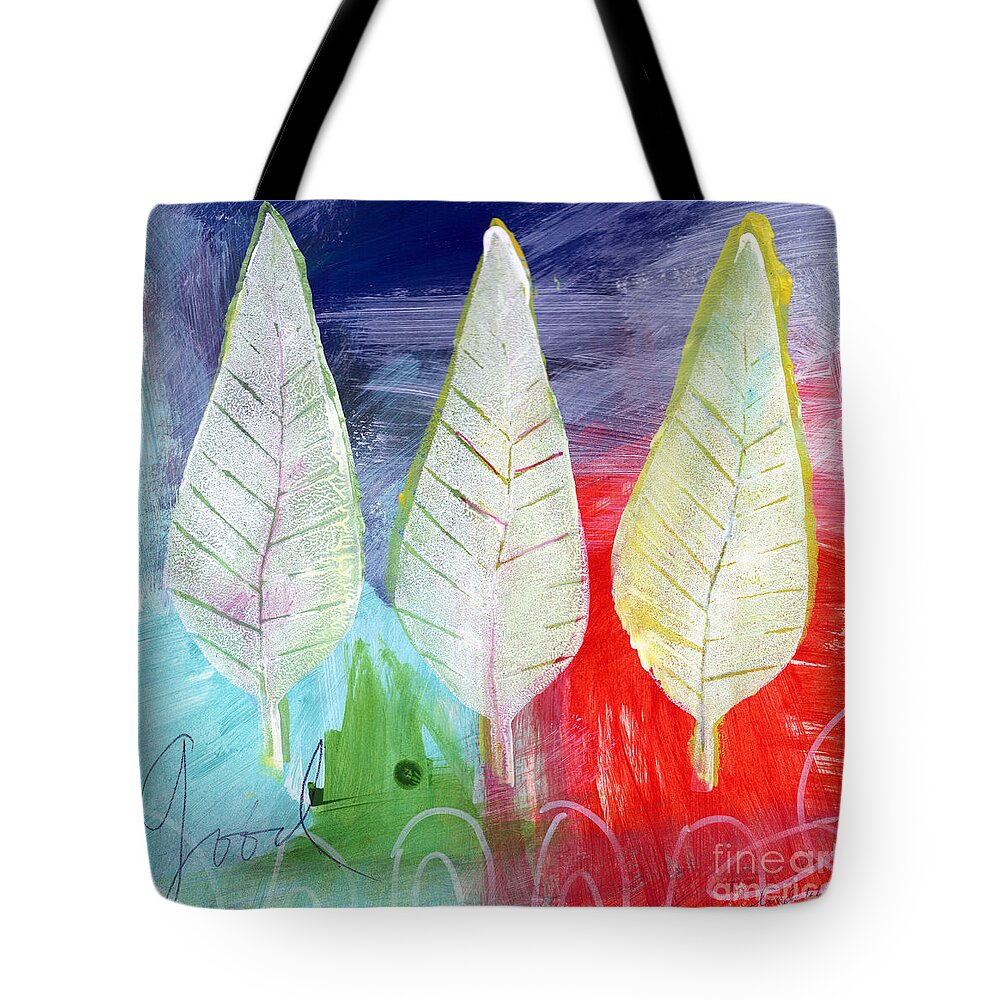 Abstract Tote Bag featuring the painting Three Leaves Of Good by Linda Woods