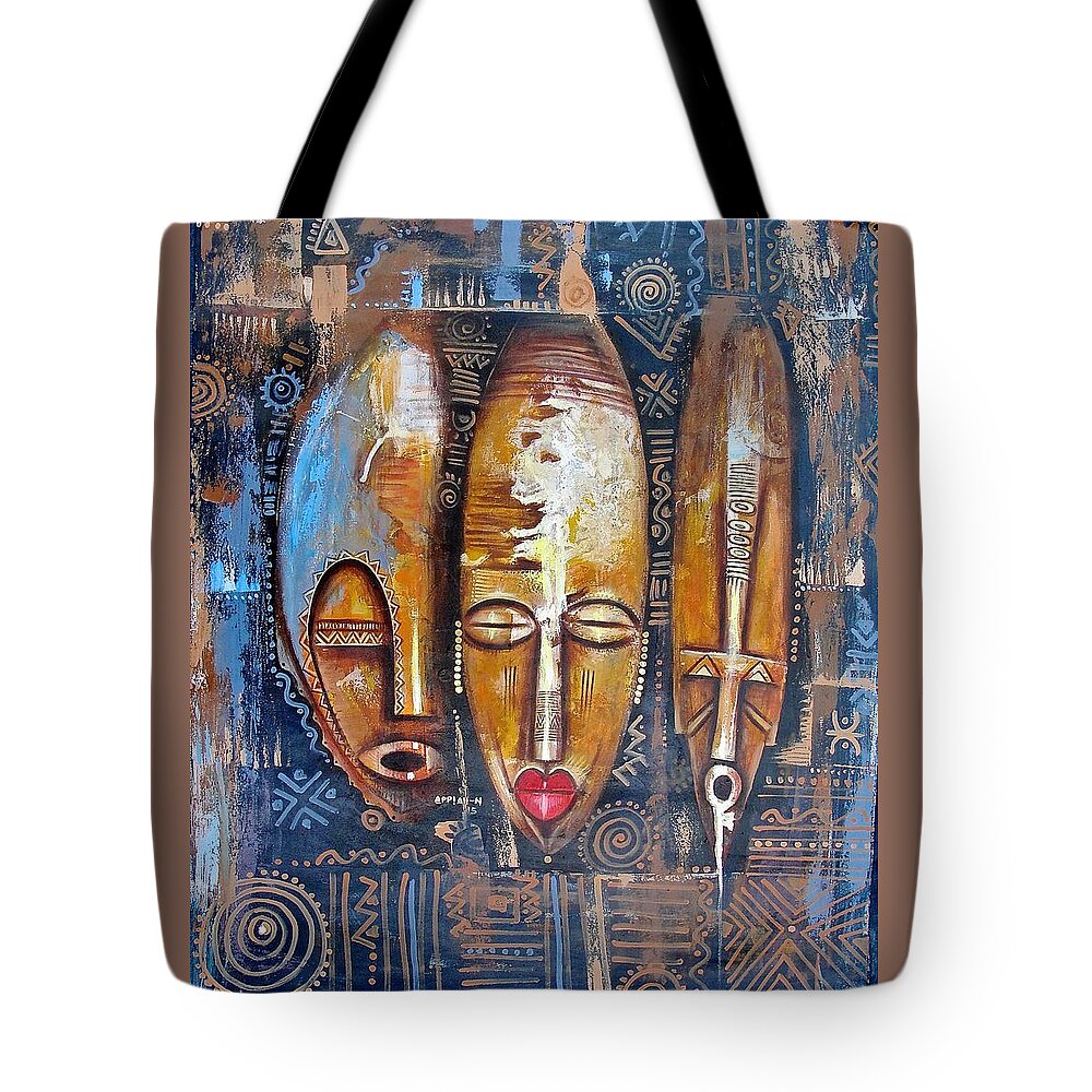 True African Art Tote Bag featuring the painting Three Masks by Appiah Ntiaw