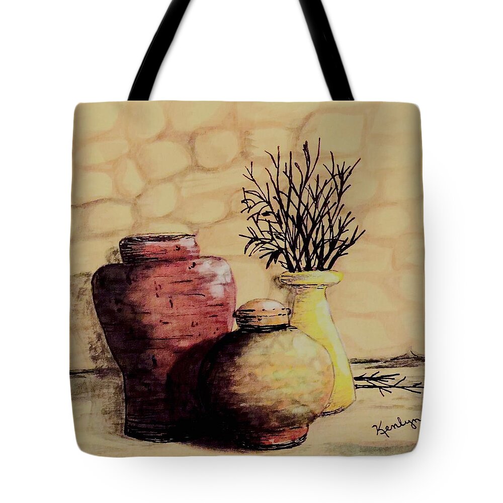 Ceramic Tote Bag featuring the painting Three Pots and Twigs by Kenlynn Schroeder