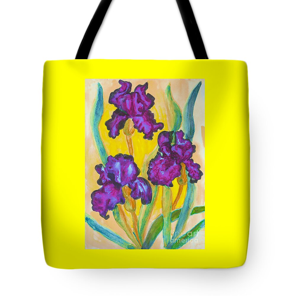 Iriis Tote Bag featuring the painting Three purple irises, watercolor by Irina Afonskaya