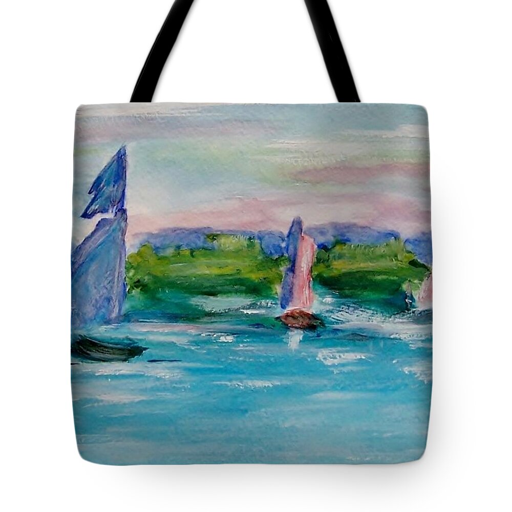 Sailboat Tote Bag featuring the painting Three Sailboats by Jamie Frier