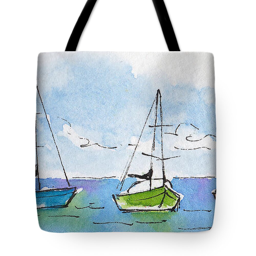 Impressionism Tote Bag featuring the painting Three Sailboats Near Tahiti by Pat Katz