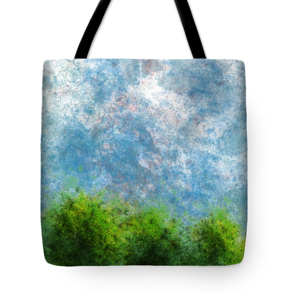 Bonnie Follett Tote Bag featuring the digital art Three Trees with Clouds full color version by Bonnie Follett