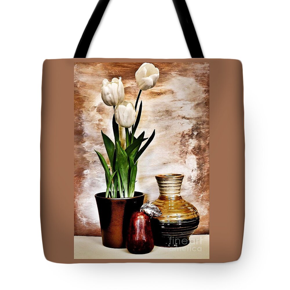 Photo Tote Bag featuring the photograph Three Tulips Pottery and Pear by Marsha Heiken