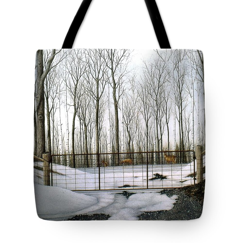 Deer Tote Bag featuring the painting Three white Tails by Conrad Mieschke