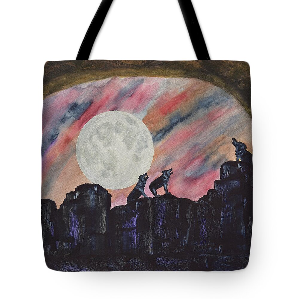 Linda Brody Tote Bag featuring the painting Three Wolves Howling From A Cave by Linda Brody