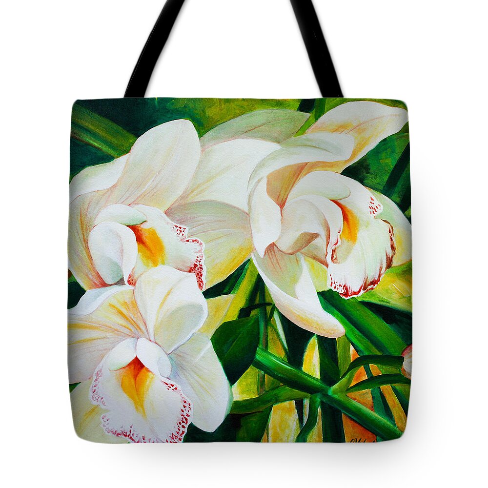 White Orchids Tote Bag featuring the painting Threes a Crowd by Chris Hobel