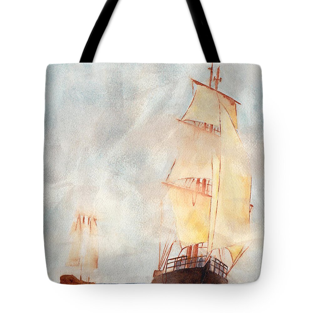 Ship Tote Bag featuring the painting Through the Fog by Ken Powers