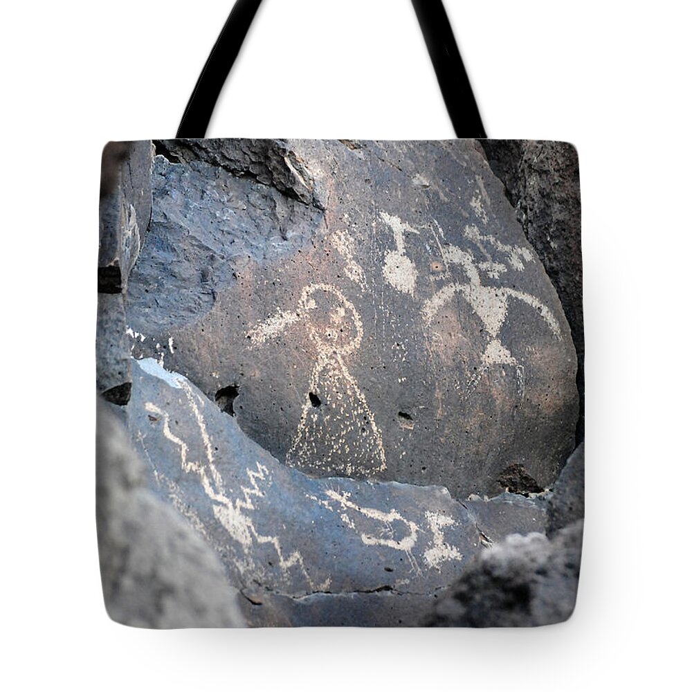 Petroglyphs Tote Bag featuring the photograph Thunderbird with Girl in Calico Dress by Glory Ann Penington
