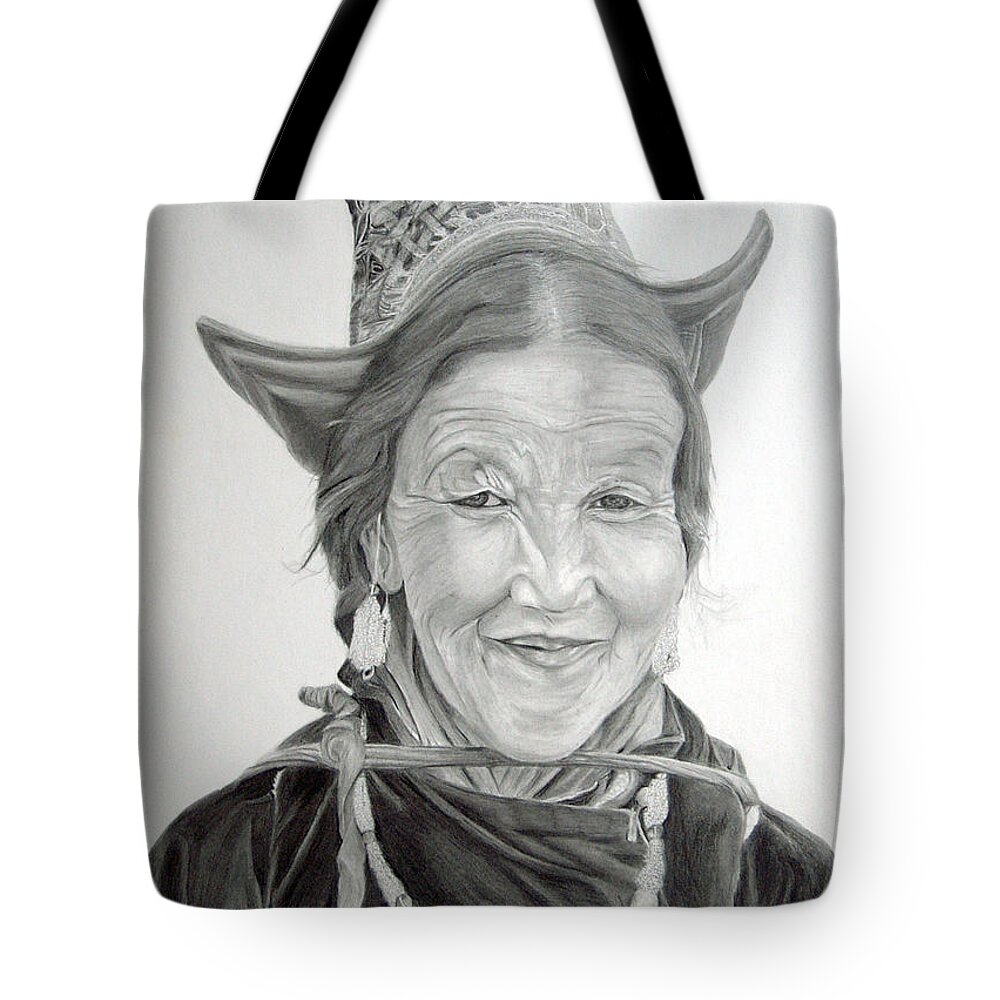 Figurative Art Tote Bag featuring the drawing Tibetan Delight by Portraits By NC