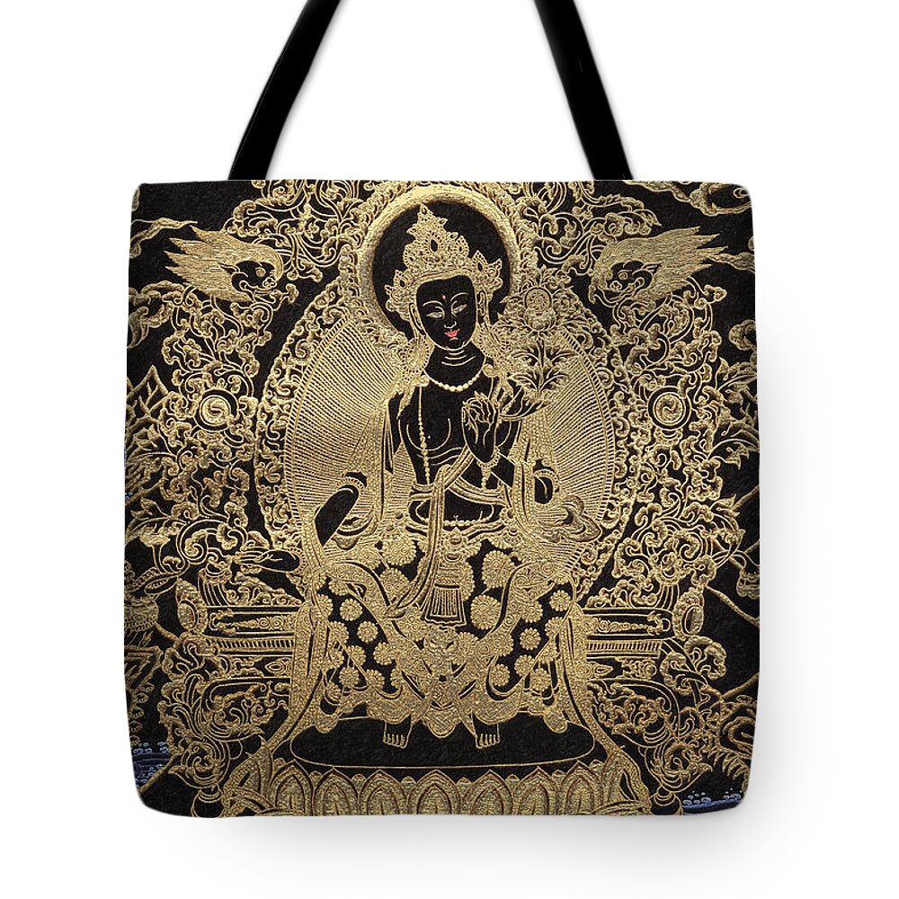 'treasures Of Tibet' Collection By Serge Averbukh Buddha Tote Bag featuring the digital art Tibetan Thangka - Maitreya Buddha by Serge Averbukh
