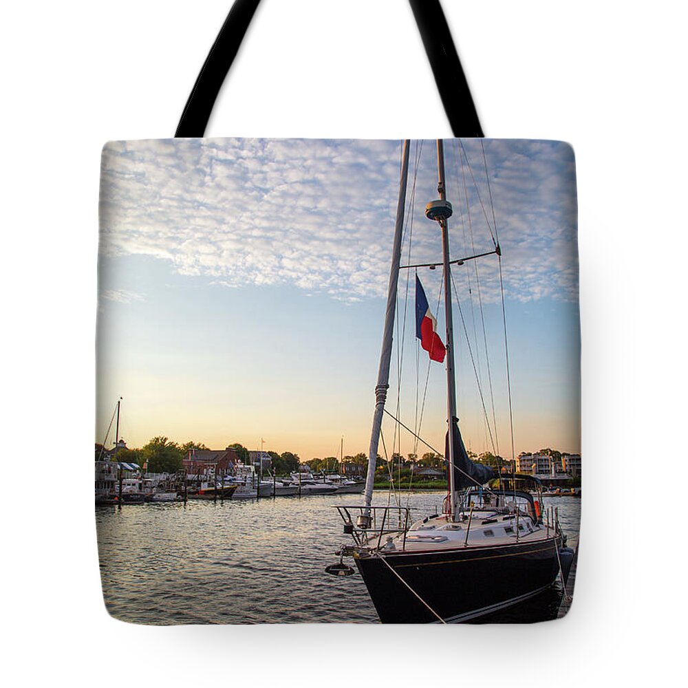 Sails At Dock Tote Bag featuring the photograph Tied Off For The Night by Karol Livote