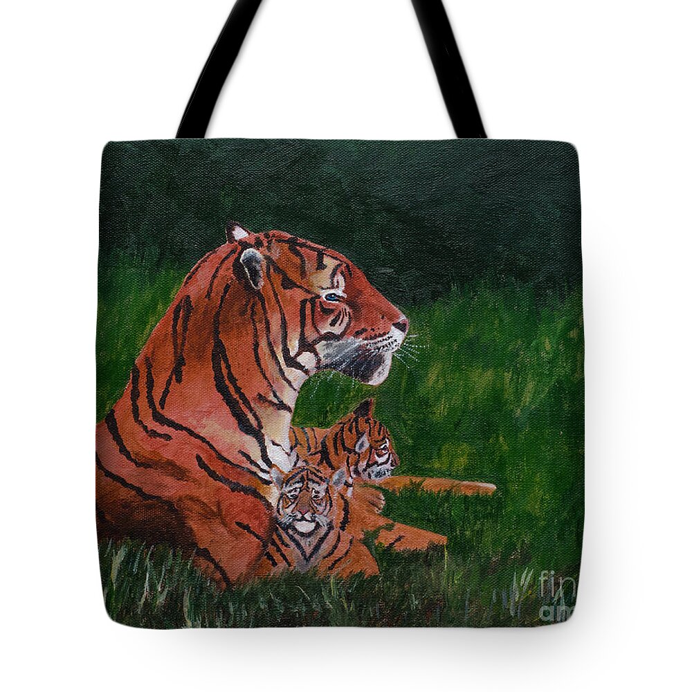 Tiger Tote Bag featuring the painting Tiger Family by Laurel Best