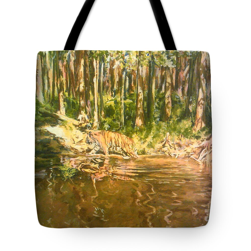 Tiger Tote Bag featuring the painting Tiger Lake by Rosanne Gartner