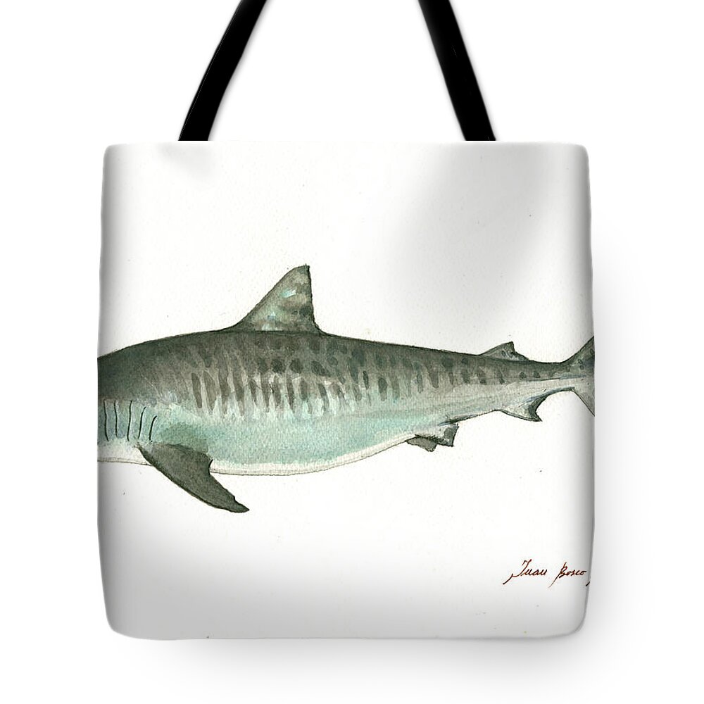 Shark Art Tote Bag featuring the painting Tiger shark, by Juan Bosco